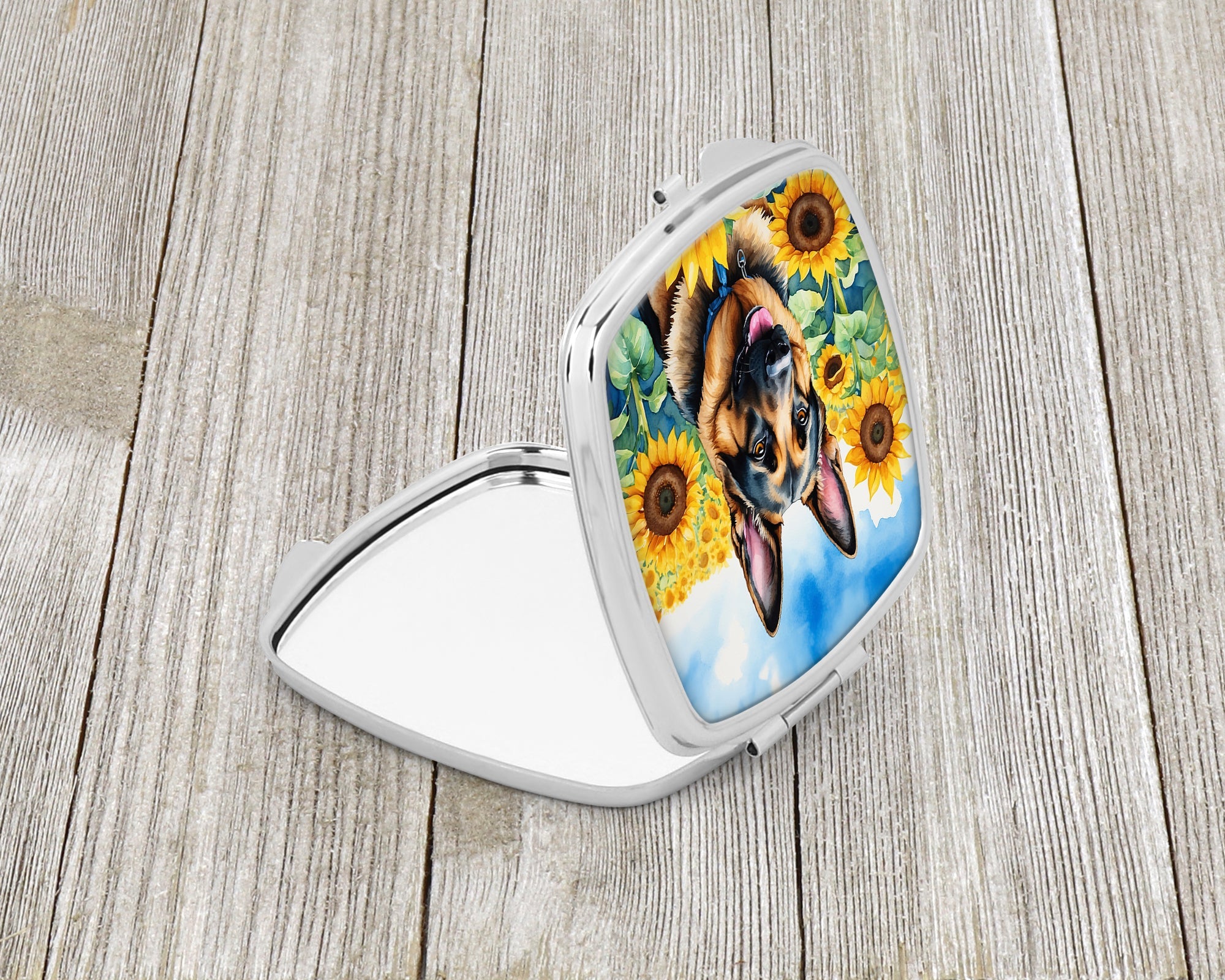 German Shepherd in Sunflowers Compact Mirror Decorative Travel Makeup Mirror for Women Girls Gifts Pocket Makeup Mirror Folding Handheld