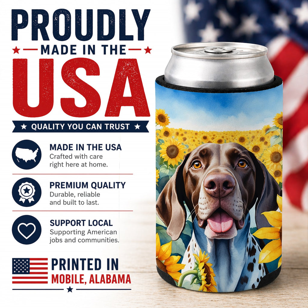 German Shorthaired Pointer in Sunflowers Can or Bottle Hugger Cooler Sleeve for Standard 12 oz Cans, Insulated Foam Beer & Soda Can Hugger Reusable