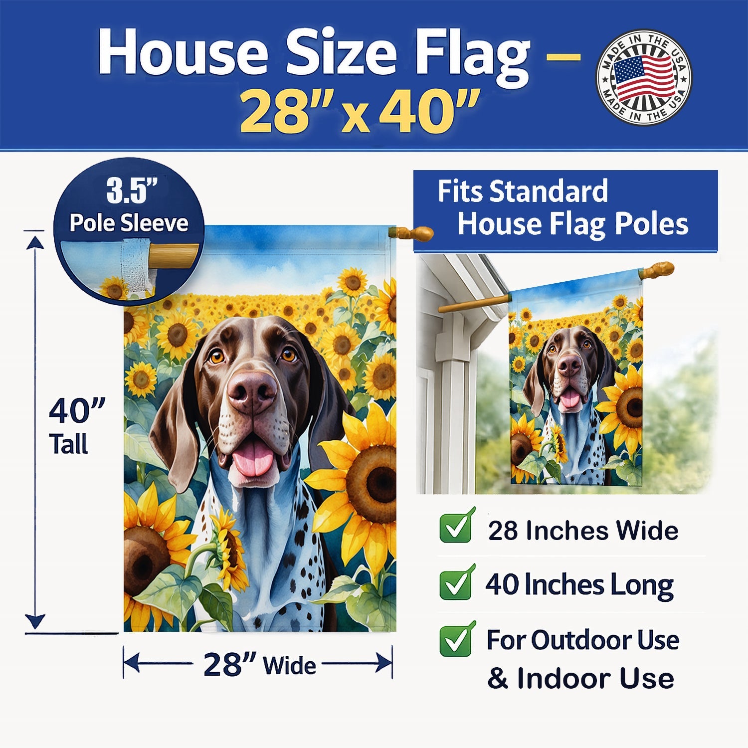 German Shorthaired Pointer in Sunflowers House Flag 28x40 Porch Sleeve Pole Decorative Outside Yard Banner Artwork Wall Hanging, Polyester
