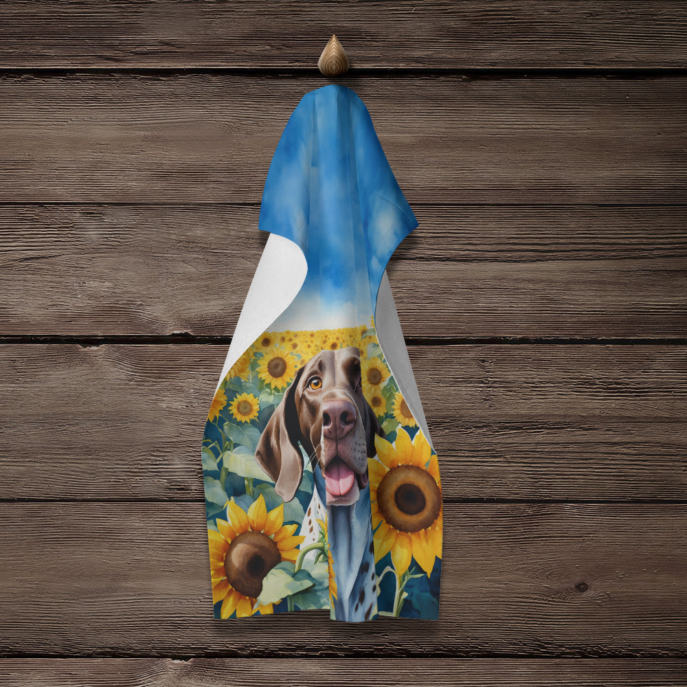 German Shorthaired Pointer in Sunflowers Kitchen Towel Velour Plush Front and Cotton Loop Back Machine Washable