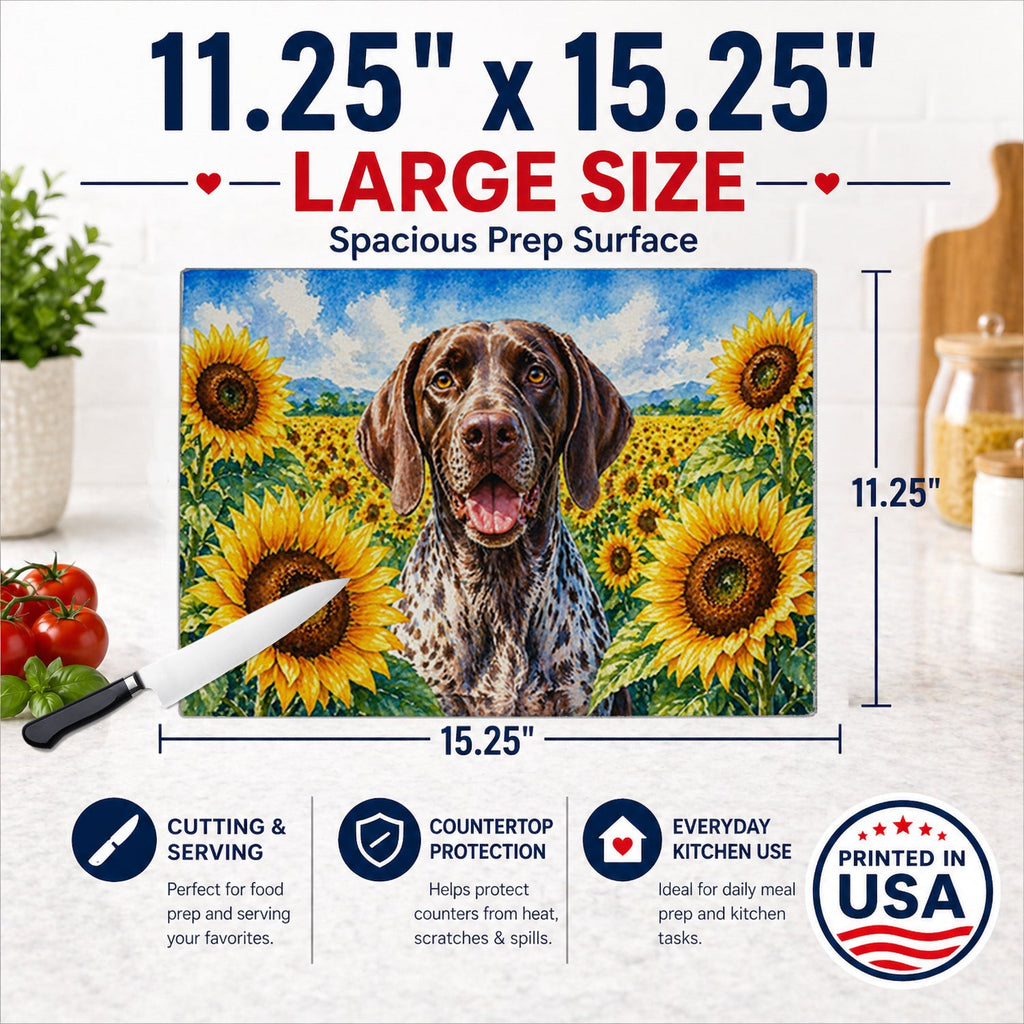 German Shorthaired Pointer in Sunflowers Cutting Board Tempered Glass Kitchen Cutting Surface, Heat Resistant Chopping Board with Non-Slip Feet, Decorative Food Prep & Serving