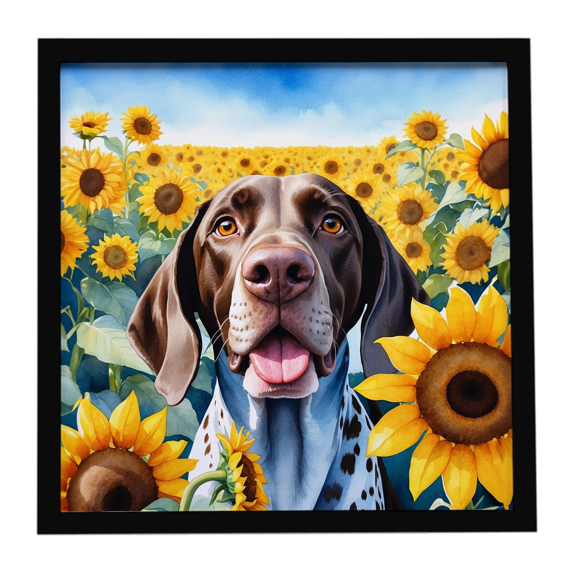 German Shorthaired Pointer in Sunflowers Framed Metal Print Bathroom, Kitchen, Office, Home Decor Wall Art Ready to Hang, Square, 8X8