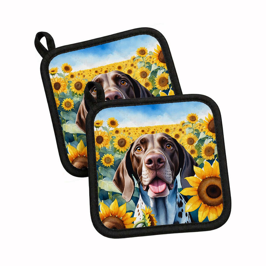 German Shorthaired Pointer in Sunflowers Pot Holder Set of 2 Heat Resistant Quilted Hot Pads 7.5 x 7.5 Inch, Insulated Kitchen Trivets for Cooking & Baking