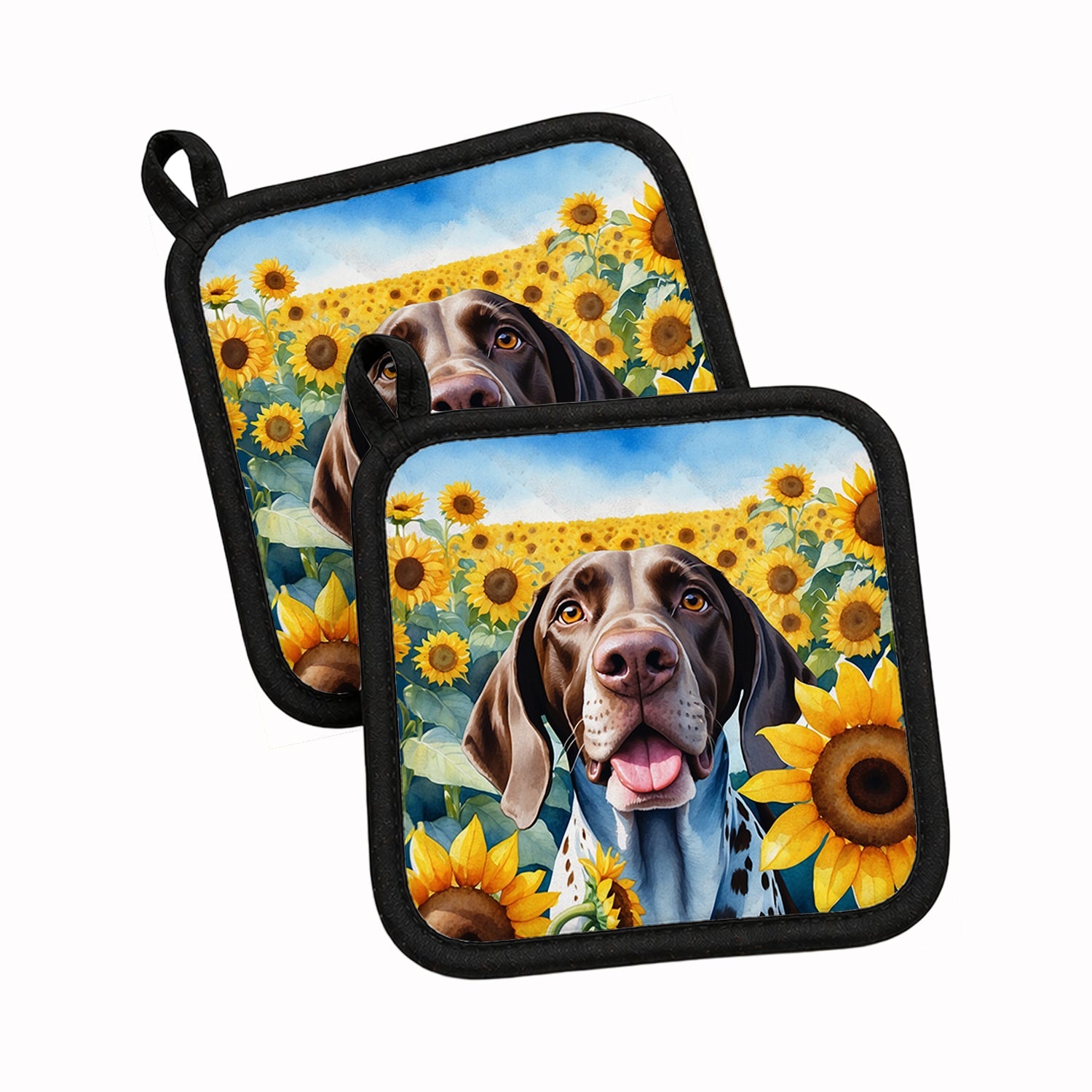 German Shorthaired Pointer in Sunflowers Pot Holder Set of 2 Heat Resistant Quilted Hot Pads 7.5 x 7.5 Inch, Insulated Kitchen Trivets for Cooking & Baking