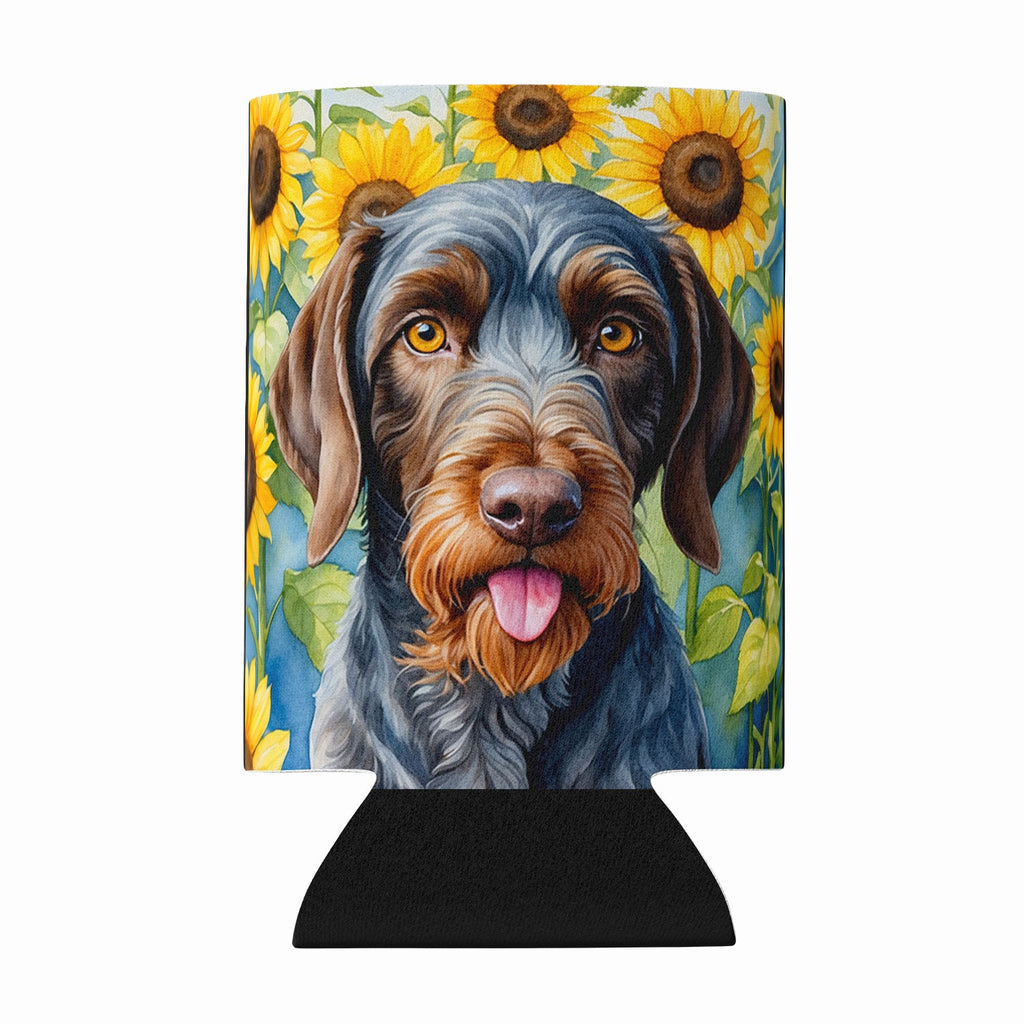 German Wirehaired Pointer in Sunflowers Can or Bottle Hugger Cooler Sleeve for Standard 12 oz Cans, Insulated Foam Beer & Soda Can Hugger Reusable