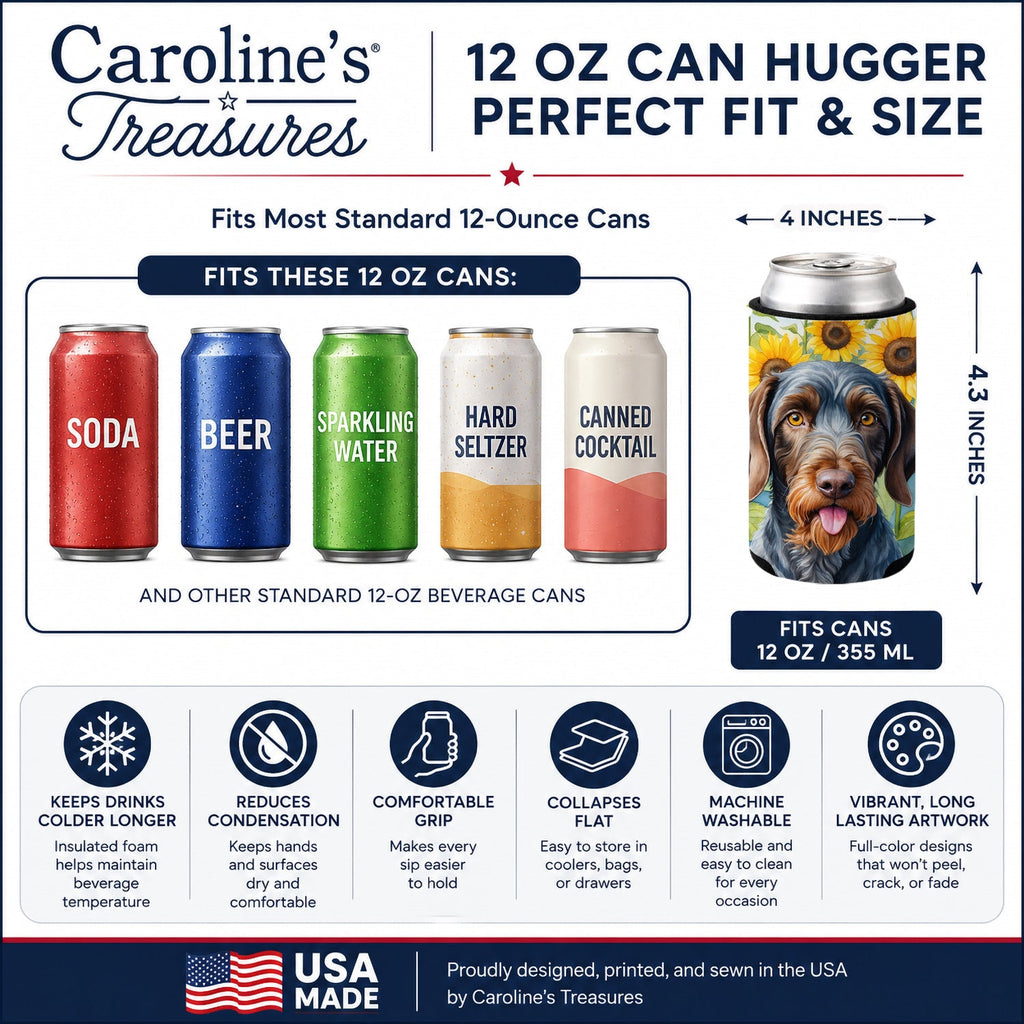 German Wirehaired Pointer in Sunflowers Can or Bottle Hugger Cooler Sleeve for Standard 12 oz Cans, Insulated Foam Beer & Soda Can Hugger Reusable