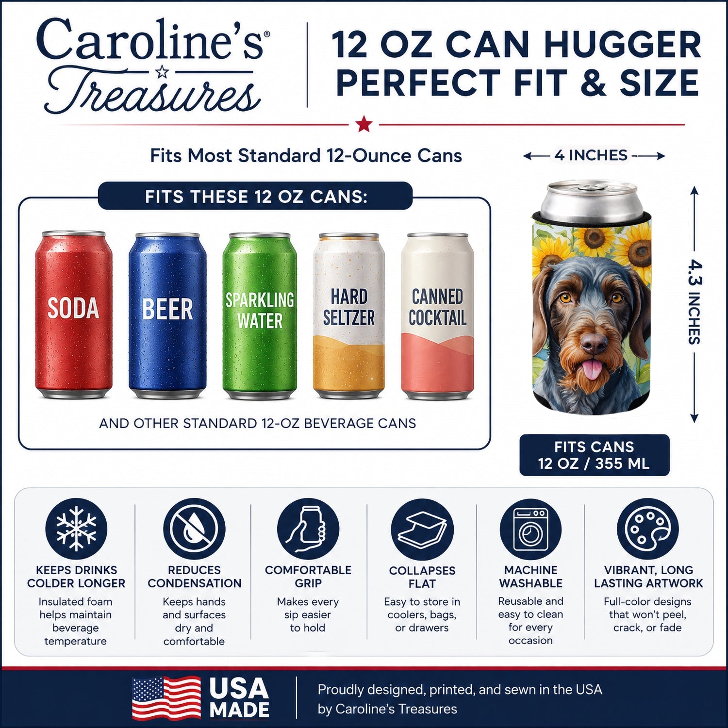 German Wirehaired Pointer in Sunflowers Can or Bottle Hugger Cooler Sleeve for Standard 12 oz Cans, Insulated Foam Beer & Soda Can Hugger Reusable