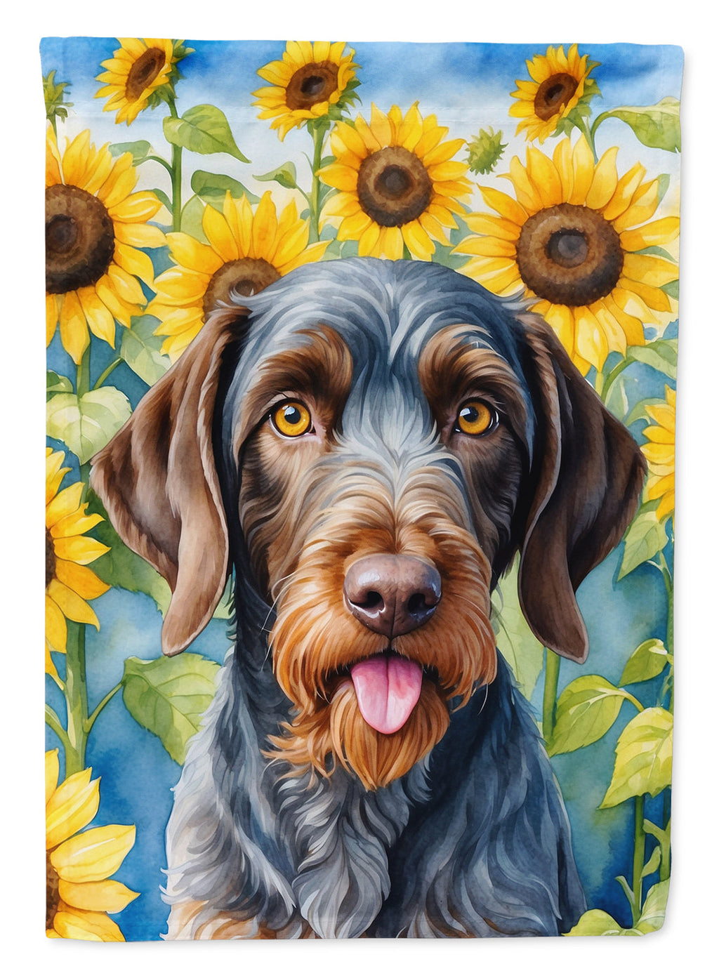 German Wirehaired Pointer in Sunflowers House Flag 28x40 Porch Sleeve Pole Decorative Outside Yard Banner Artwork Wall Hanging, Polyester