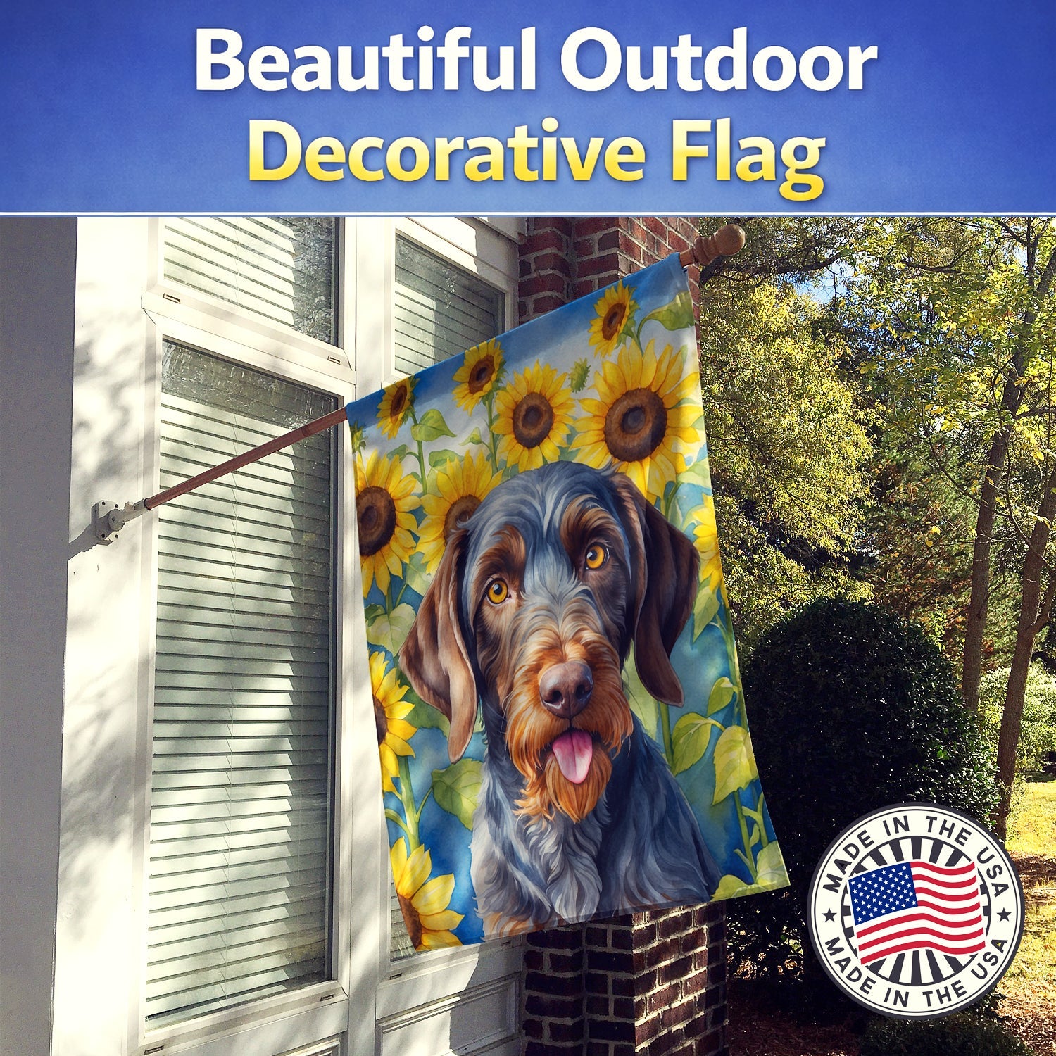 German Wirehaired Pointer in Sunflowers House Flag 28x40 Porch Sleeve Pole Decorative Outside Yard Banner Artwork Wall Hanging, Polyester