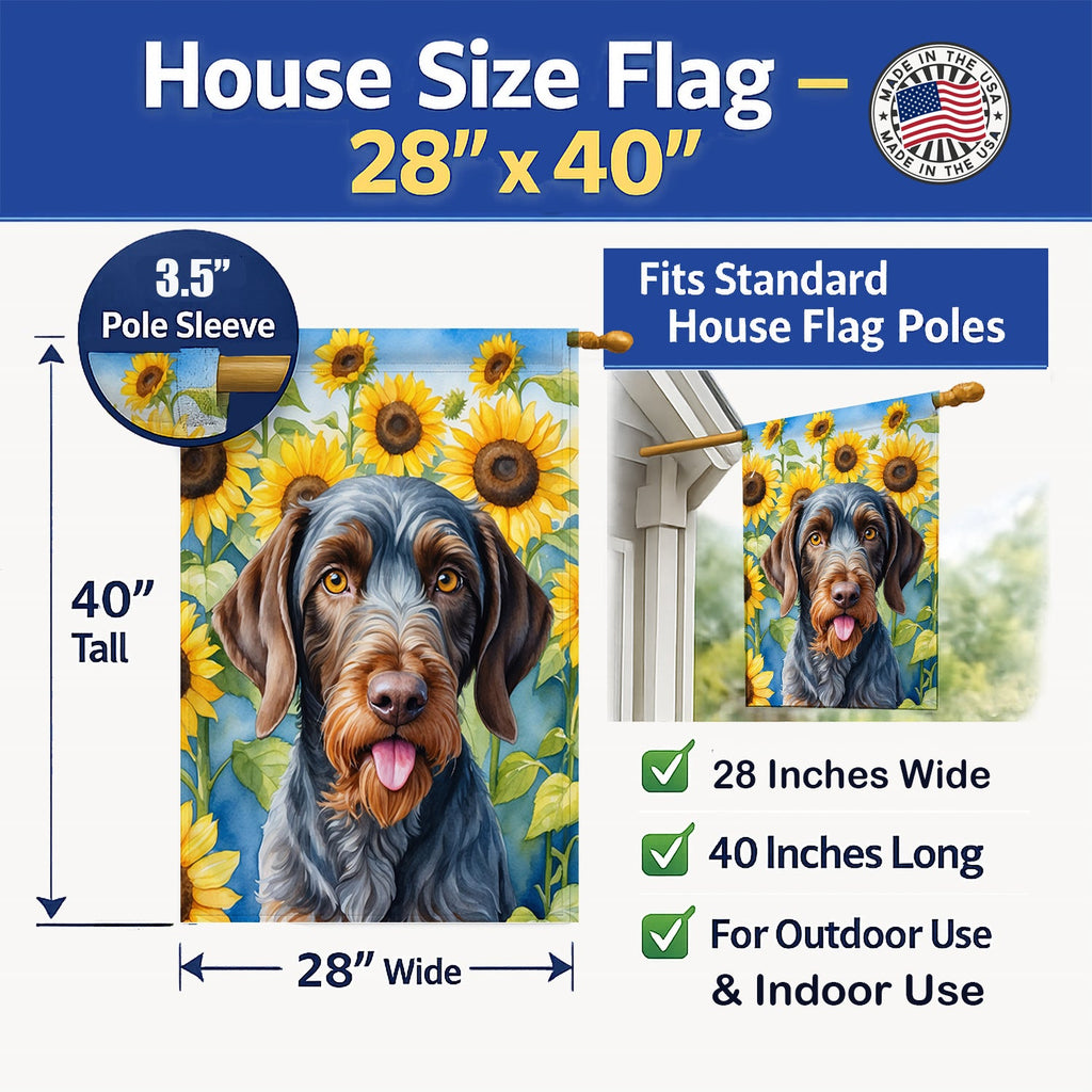 German Wirehaired Pointer in Sunflowers House Flag 28x40 Porch Sleeve Pole Decorative Outside Yard Banner Artwork Wall Hanging, Polyester