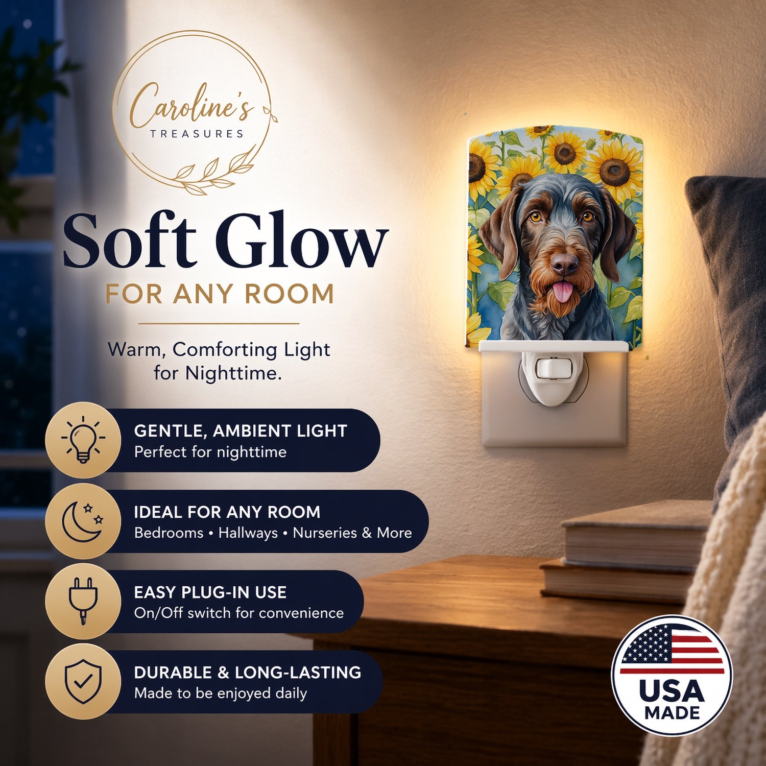 German Wirehaired Pointer in Sunflowers Ceramic Night Light Compact, UL-Certified, Ideal for Bedroom, Bathroom, Nursery, Hallway, Kitchen, 6x4x3, Multicolor