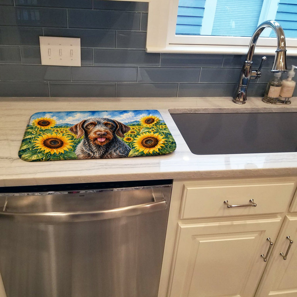 German Wirehaired Pointer in Sunflowers Dish Drying Mat Absorbent Dish Drying Mat Pad for Kitchen Counter Dish Drainer Mat for Countertop, 14 x 21", Multicolor