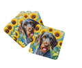 German Wirehaired Pointer in Sunflowers Foam Coasters Set of 4 Cup Coasters for Indoor Outdoor, Tabletop Protection, Anti Slip, Mouse pad Material