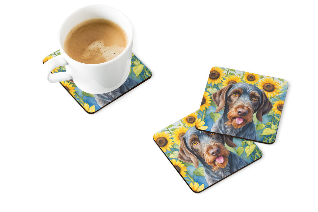 German Wirehaired Pointer in Sunflowers Foam Coasters Set of 4 Cup Coasters for Indoor Outdoor, Tabletop Protection, Anti Slip, Mouse pad Material