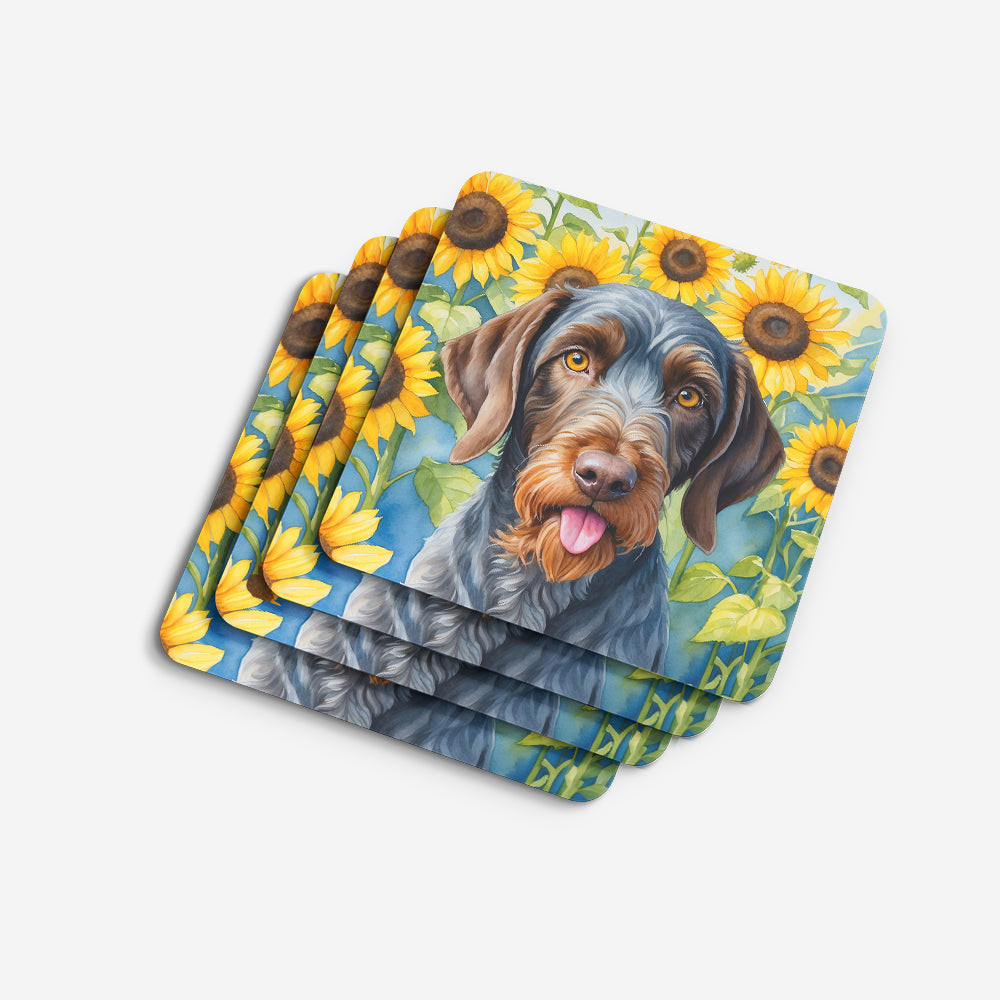 German Wirehaired Pointer in Sunflowers Foam Coasters Set of 4 Cup Coasters for Indoor Outdoor, Tabletop Protection, Anti Slip, Mouse pad Material