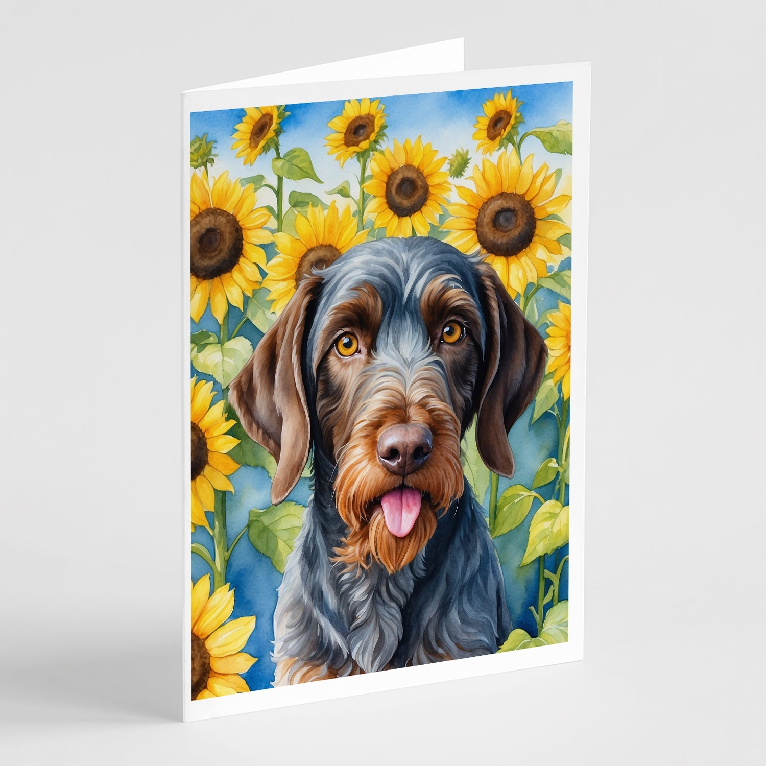 German Wirehaired Pointer in Sunflowers Greeting Cards Pack of 8 Blank Cards with Envelopes Whimsical A7 Size 5x7