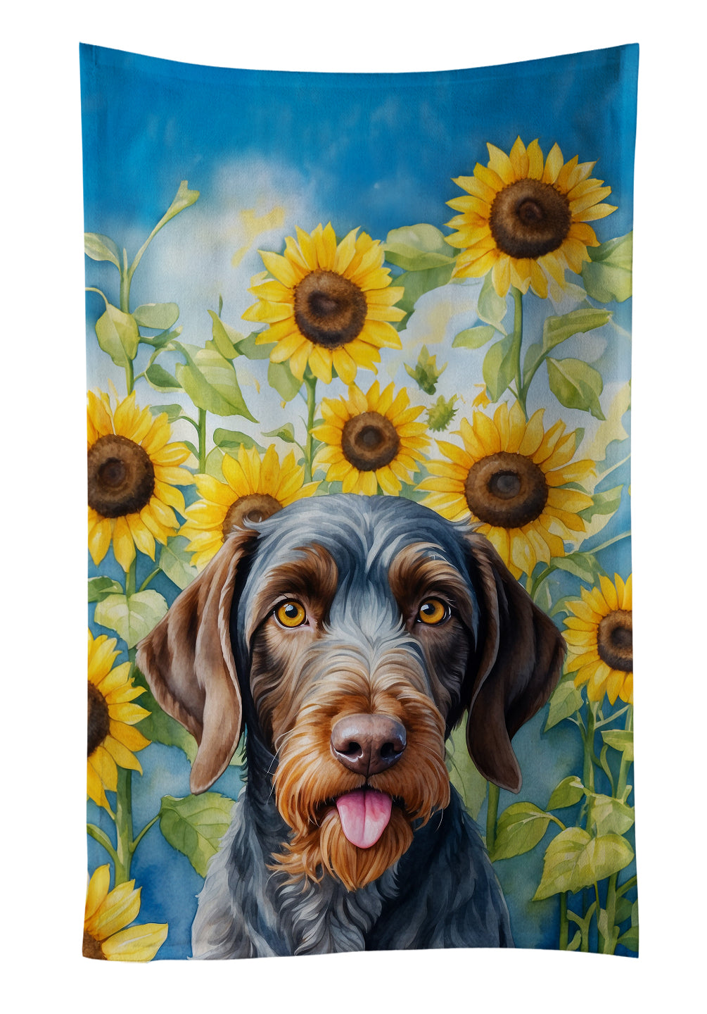 German Wirehaired Pointer in Sunflowers Kitchen Towel Velour Plush Front and Cotton Loop Back Machine Washable