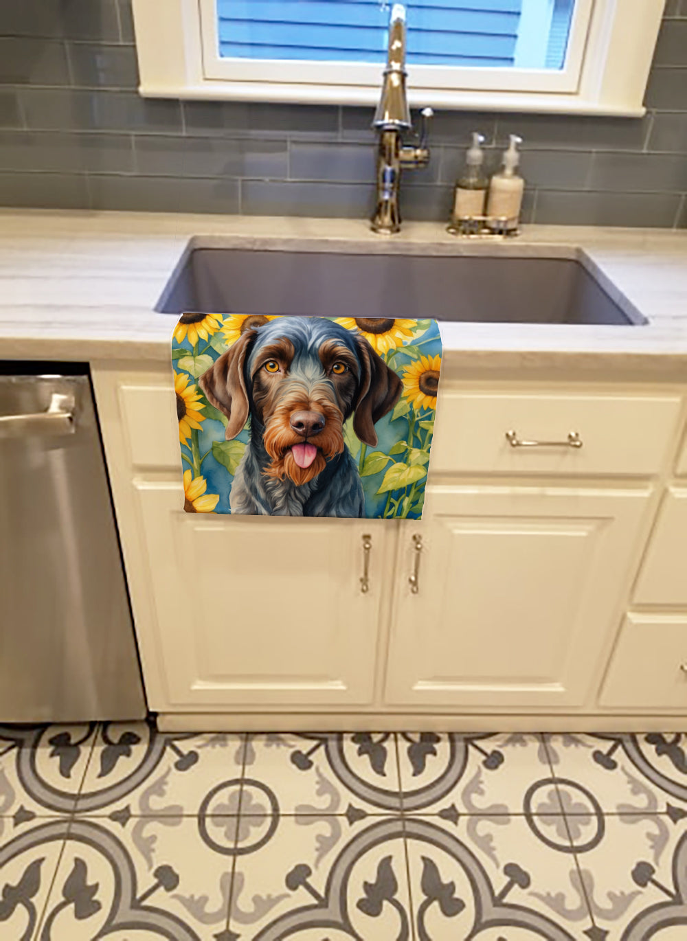 German Wirehaired Pointer in Sunflowers Kitchen Towel Velour Plush Front and Cotton Loop Back Machine Washable