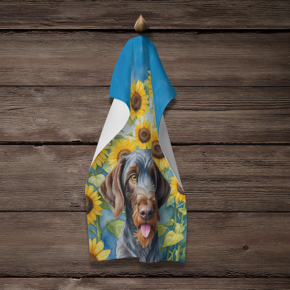 German Wirehaired Pointer in Sunflowers Kitchen Towel Velour Plush Front and Cotton Loop Back Machine Washable