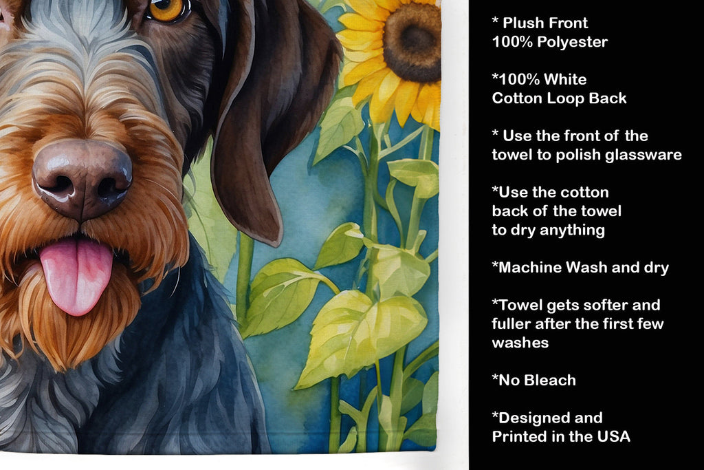 German Wirehaired Pointer in Sunflowers Kitchen Towel Velour Plush Front and Cotton Loop Back Machine Washable