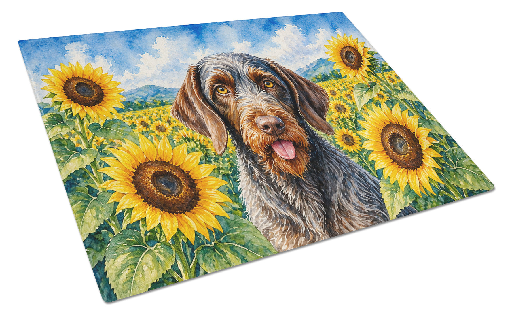 German Wirehaired Pointer in Sunflowers Cutting Board Tempered Glass Kitchen Cutting Surface, Heat Resistant Chopping Board with Non-Slip Feet, Decorative Food Prep & Serving