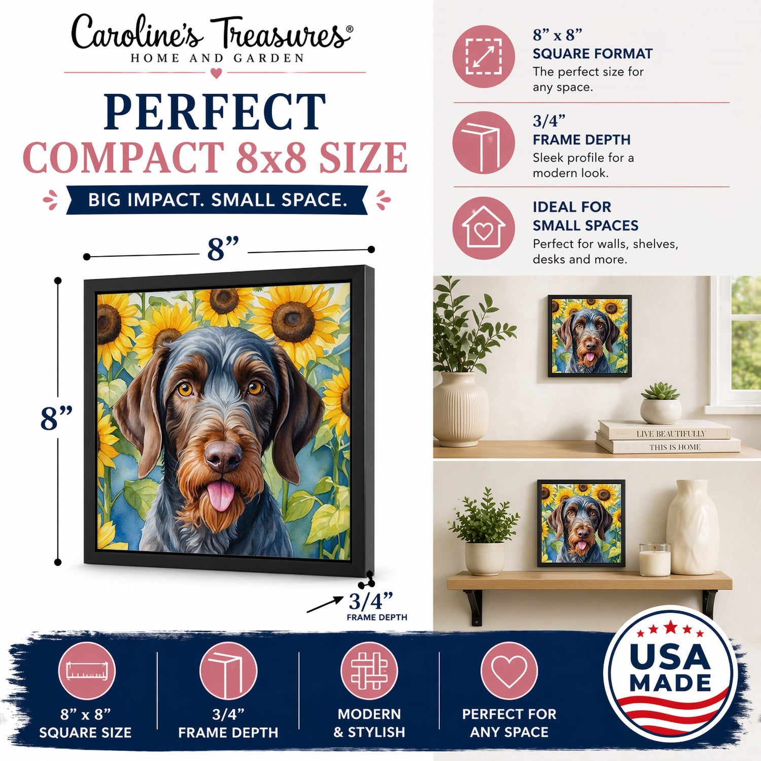 German Wirehaired Pointer in Sunflowers Framed Metal Print Bathroom, Kitchen, Office, Home Decor Wall Art Ready to Hang, Square, 8X8