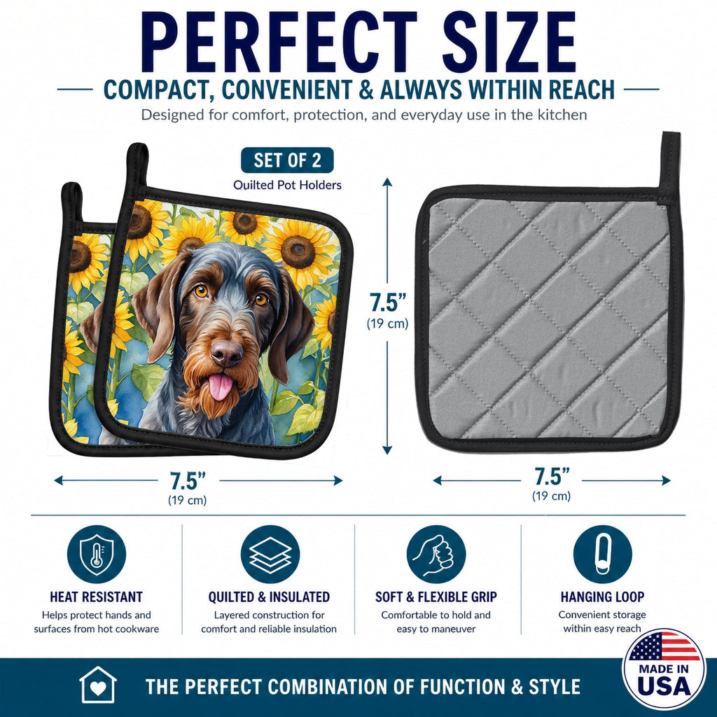German Wirehaired Pointer in Sunflowers Pot Holder Set of 2 Heat Resistant Quilted Hot Pads 7.5 x 7.5 Inch, Insulated Kitchen Trivets for Cooking & Baking