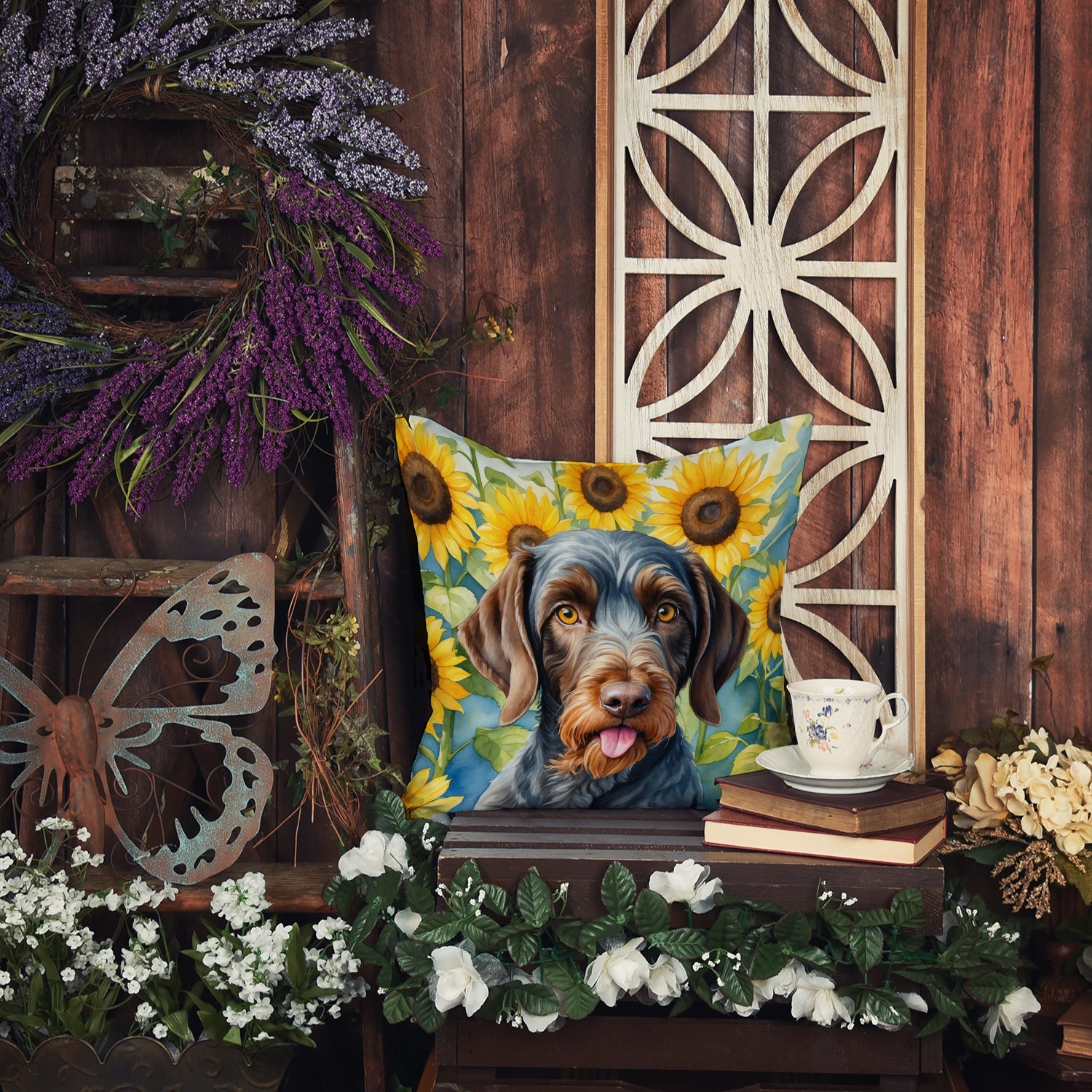 German Wirehaired Pointer in Sunflowers Decorative Throw Pillow 14x14 Indoor Outdoor Accent Cushion, Fabric Cover with Insert for Sofa, Bed, Porch & Living Room