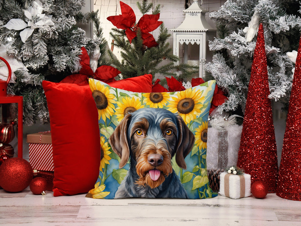 German Wirehaired Pointer in Sunflowers Decorative Throw Pillow 14x14 Indoor Outdoor Accent Cushion, Fabric Cover with Insert for Sofa, Bed, Porch & Living Room