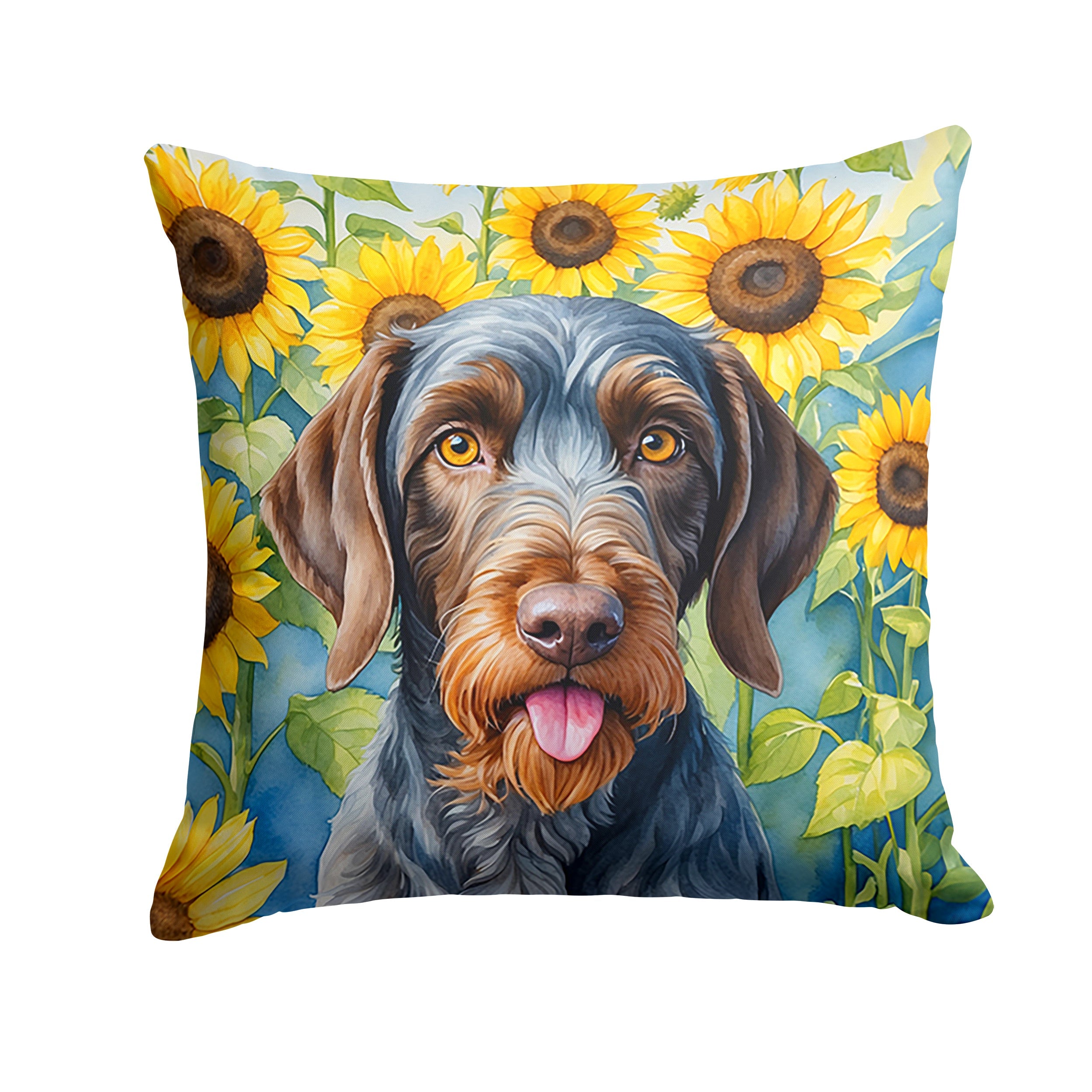 German Wirehaired Pointer in Sunflowers Decorative Throw Pillow 18x18 Indoor Outdoor Accent Cushion, Fabric Cover with Insert for Sofa, Bed, Porch & Living Room