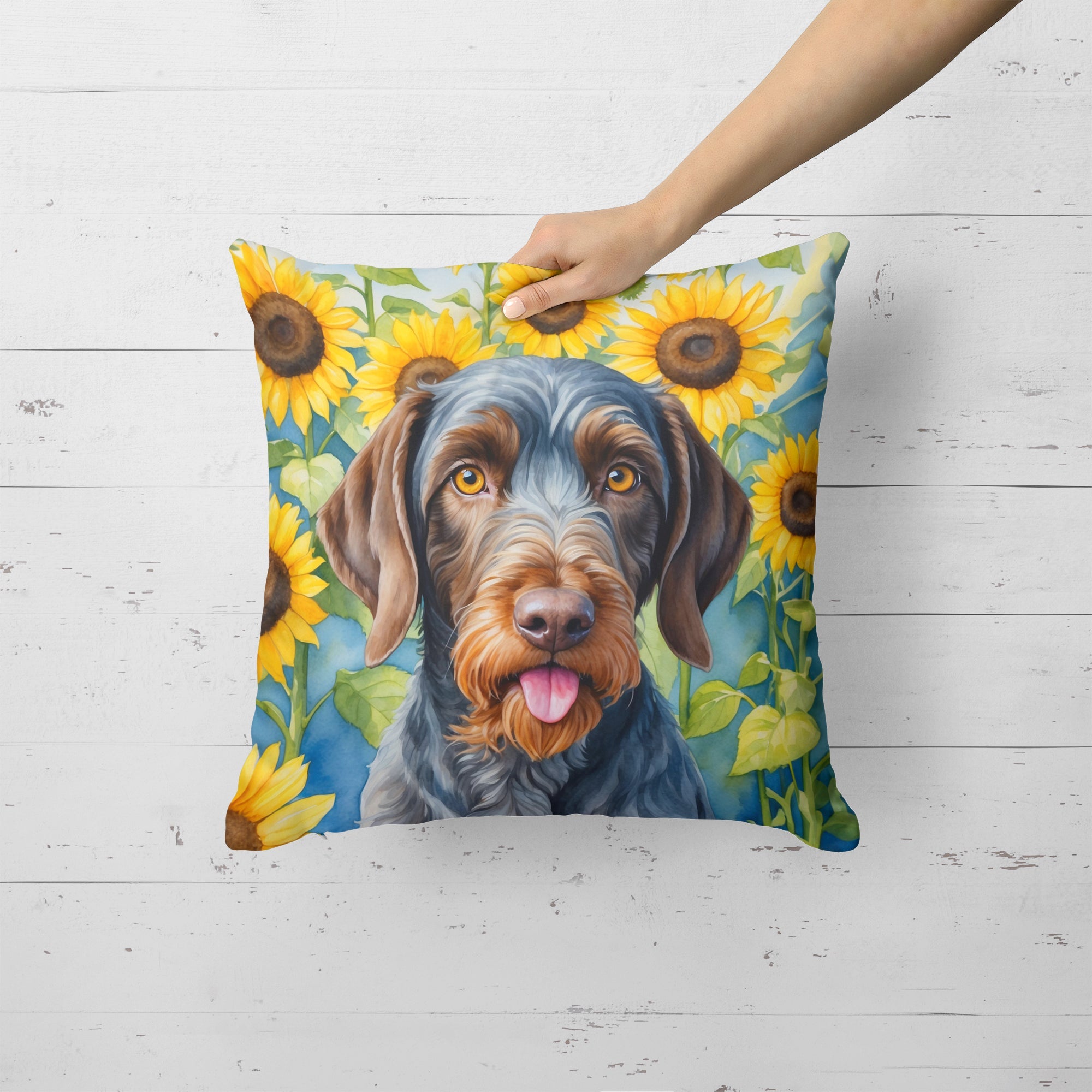German Wirehaired Pointer in Sunflowers Decorative Throw Pillow 18x18 Indoor Outdoor Accent Cushion, Fabric Cover with Insert for Sofa, Bed, Porch & Living Room