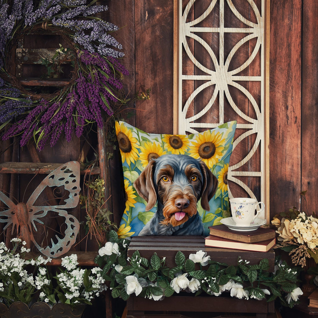 German Wirehaired Pointer in Sunflowers Decorative Throw Pillow 18x18 Indoor Outdoor Accent Cushion, Fabric Cover with Insert for Sofa, Bed, Porch & Living Room