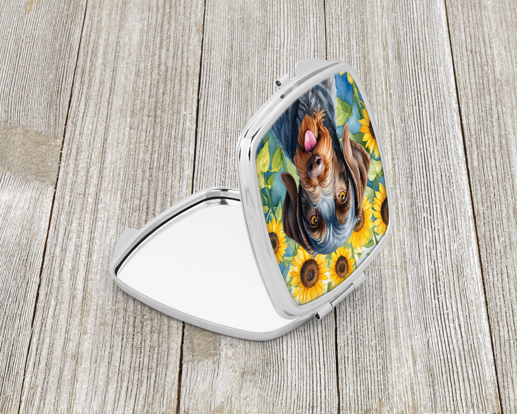German Wirehaired Pointer in Sunflowers Compact Mirror Decorative Travel Makeup Mirror for Women Girls Gifts Pocket Makeup Mirror Folding Handheld