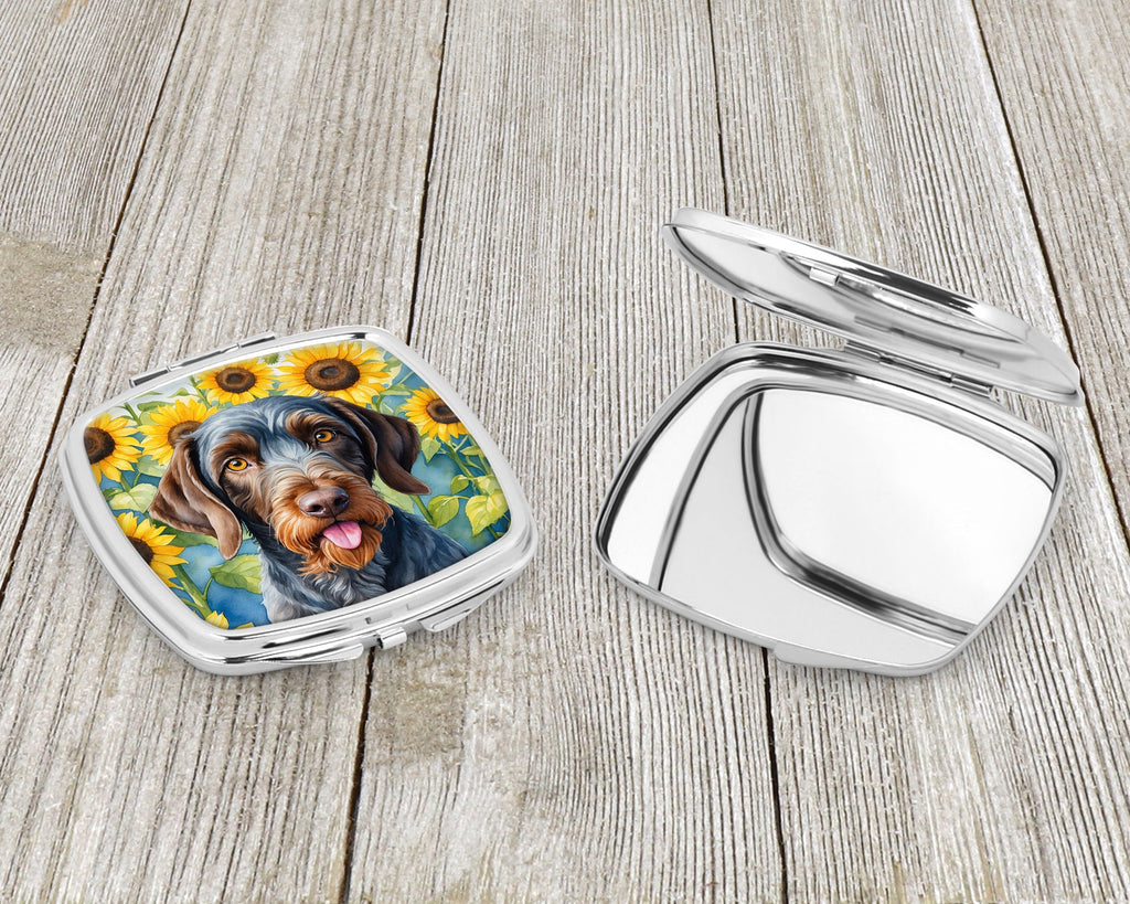 German Wirehaired Pointer in Sunflowers Compact Mirror Decorative Travel Makeup Mirror for Women Girls Gifts Pocket Makeup Mirror Folding Handheld