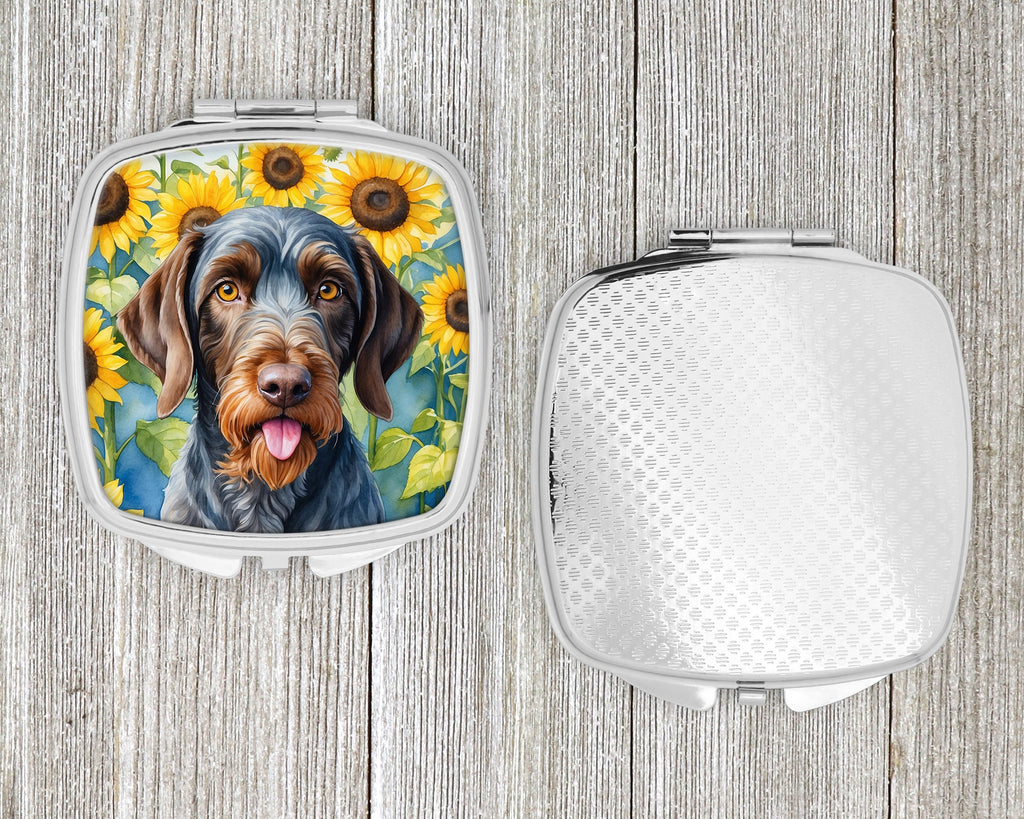 German Wirehaired Pointer in Sunflowers Compact Mirror Decorative Travel Makeup Mirror for Women Girls Gifts Pocket Makeup Mirror Folding Handheld