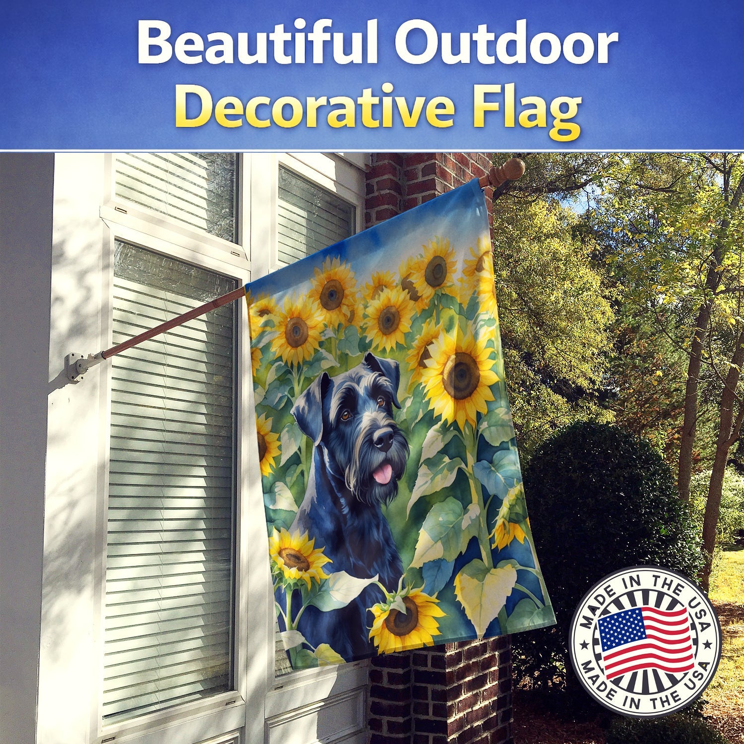 Giant Schnauzer in Sunflowers House Flag 28x40 Porch Sleeve Pole Decorative Outside Yard Banner Artwork Wall Hanging, Polyester