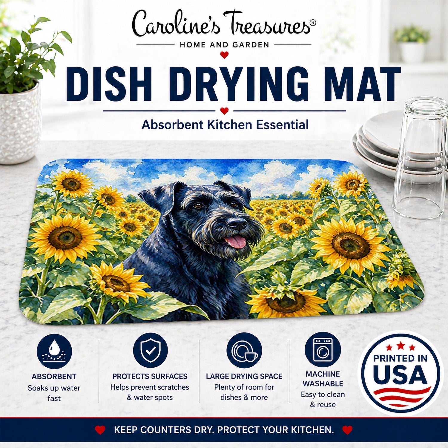 Giant Schnauzer in Sunflowers Dish Drying Mat Absorbent Dish Drying Mat Pad for Kitchen Counter Dish Drainer Mat for Countertop, 14 x 21", Multicolor