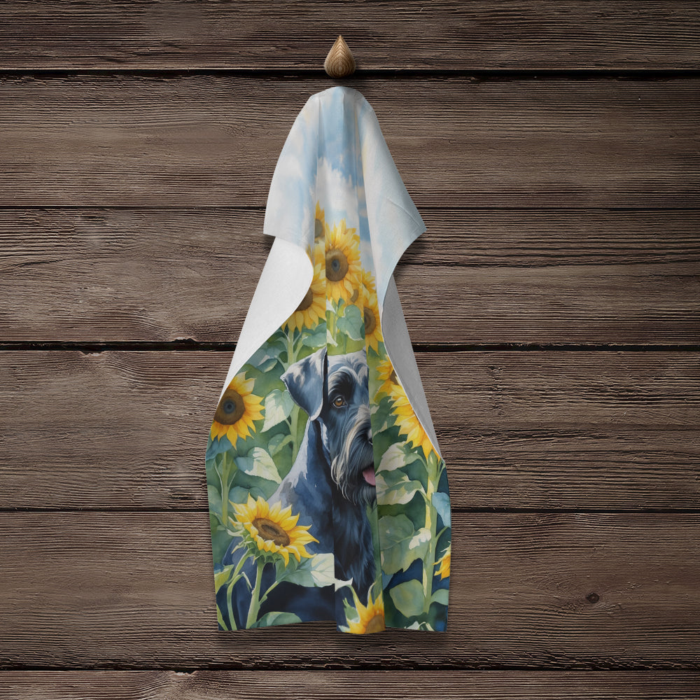 Giant Schnauzer in Sunflowers Kitchen Towel Velour Plush Front and Cotton Loop Back Machine Washable