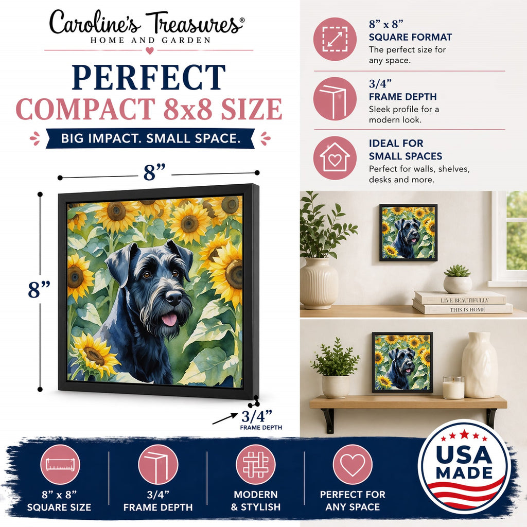 Giant Schnauzer in Sunflowers Framed Metal Print Bathroom, Kitchen, Office, Home Decor Wall Art Ready to Hang, Square, 8X8