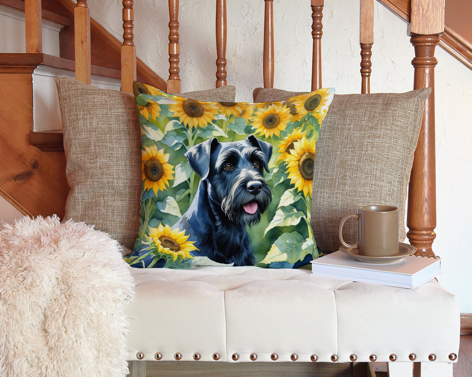 Giant Schnauzer in Sunflowers Decorative Throw Pillow 14x14 Indoor Outdoor Accent Cushion, Fabric Cover with Insert for Sofa, Bed, Porch & Living Room