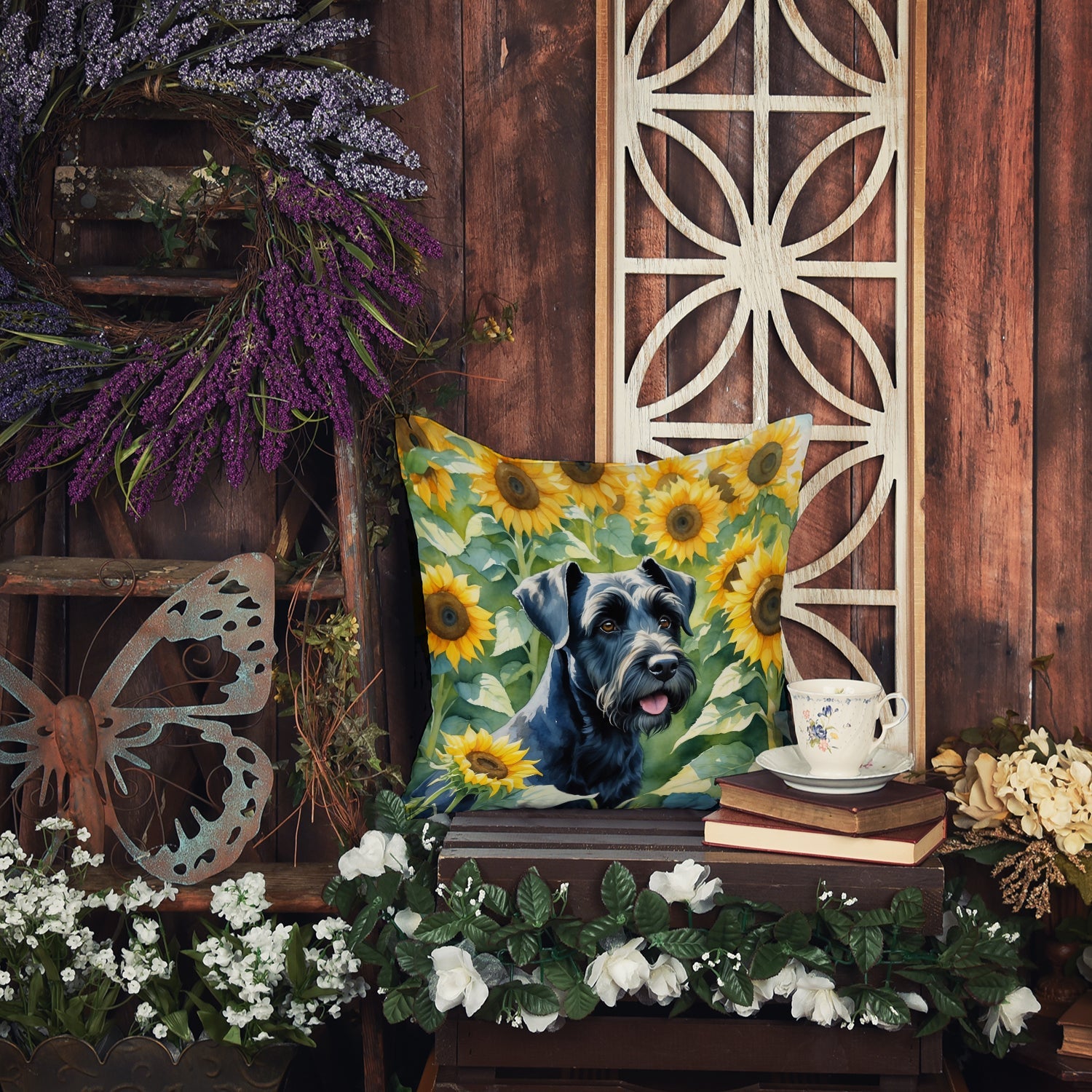 Giant Schnauzer in Sunflowers Decorative Throw Pillow 14x14 Indoor Outdoor Accent Cushion, Fabric Cover with Insert for Sofa, Bed, Porch & Living Room