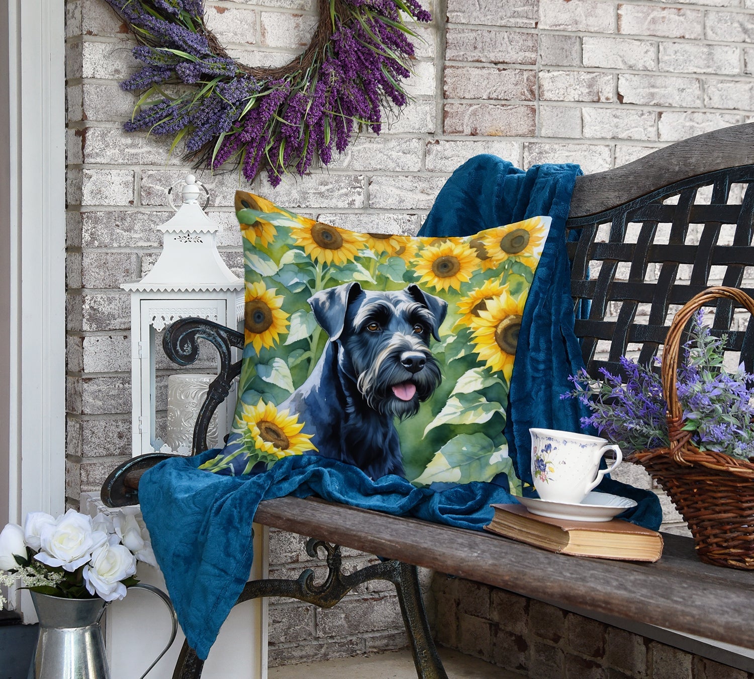 Giant Schnauzer in Sunflowers Decorative Throw Pillow 18x18 Indoor Outdoor Accent Cushion, Fabric Cover with Insert for Sofa, Bed, Porch & Living Room