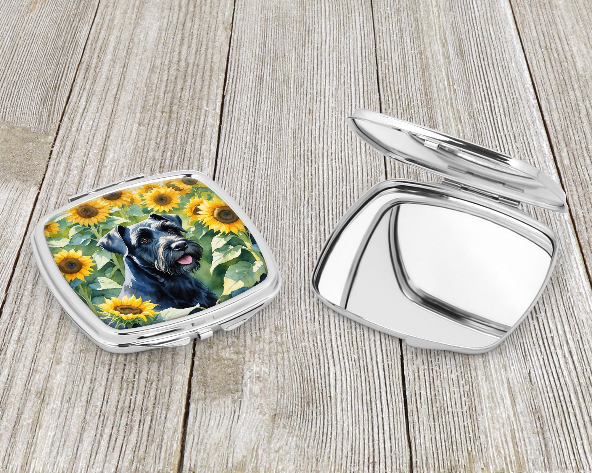 Giant Schnauzer in Sunflowers Compact Mirror Decorative Travel Makeup Mirror for Women Girls Gifts Pocket Makeup Mirror Folding Handheld