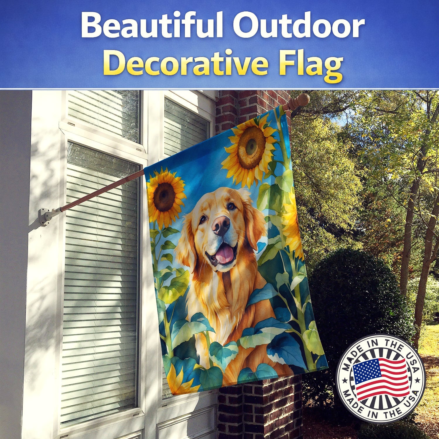 Golden Retriever in Sunflowers House Flag 28x40 Porch Sleeve Pole Decorative Outside Yard Banner Artwork Wall Hanging, Polyester