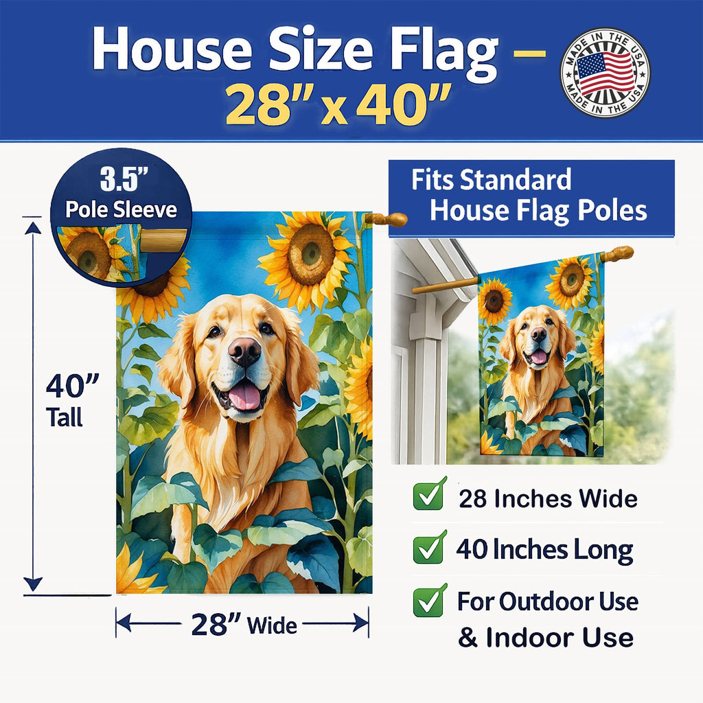 Golden Retriever in Sunflowers House Flag 28x40 Porch Sleeve Pole Decorative Outside Yard Banner Artwork Wall Hanging, Polyester