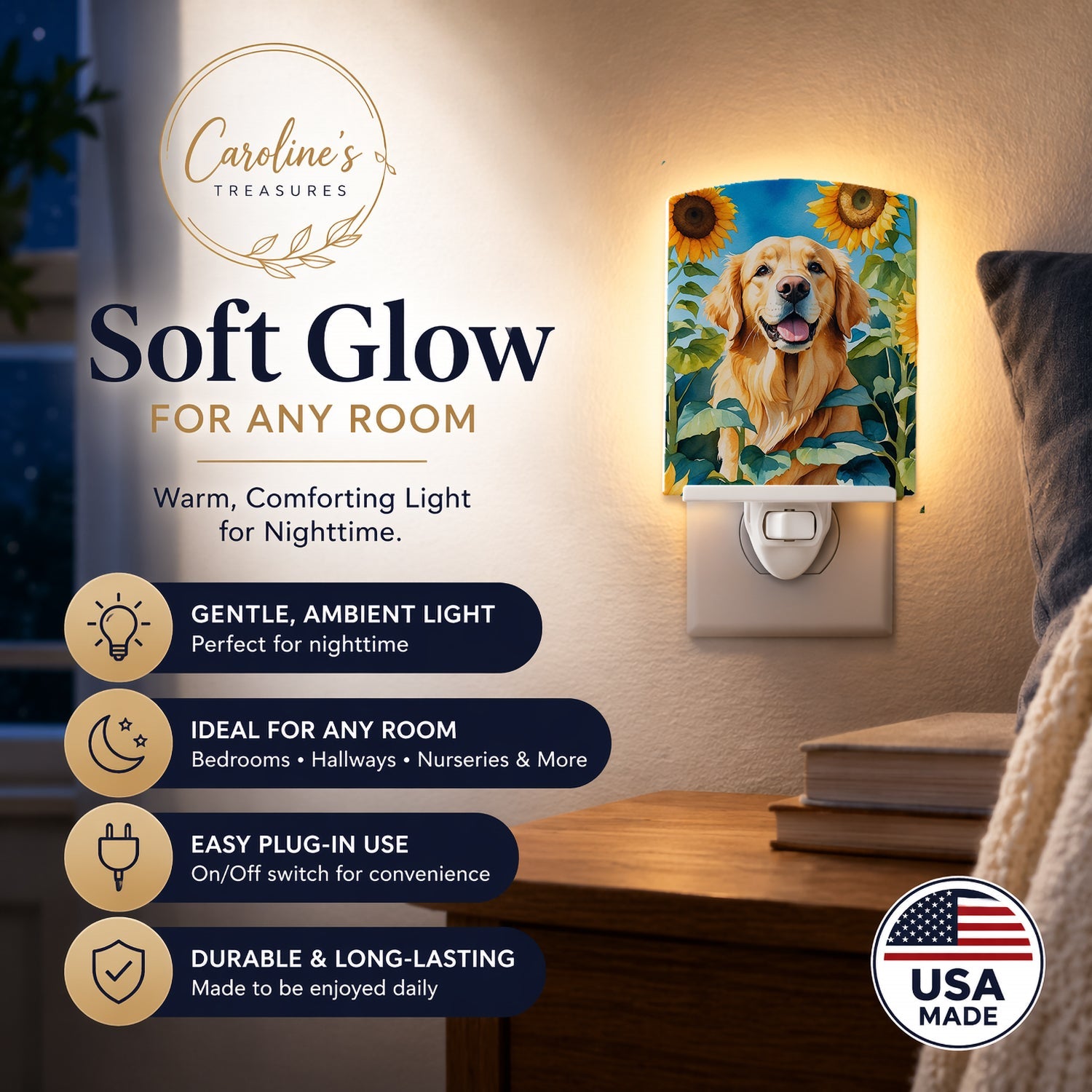 Golden Retriever in Sunflowers Ceramic Night Light Compact, UL-Certified, Ideal for Bedroom, Bathroom, Nursery, Hallway, Kitchen, 6x4x3, Multicolor