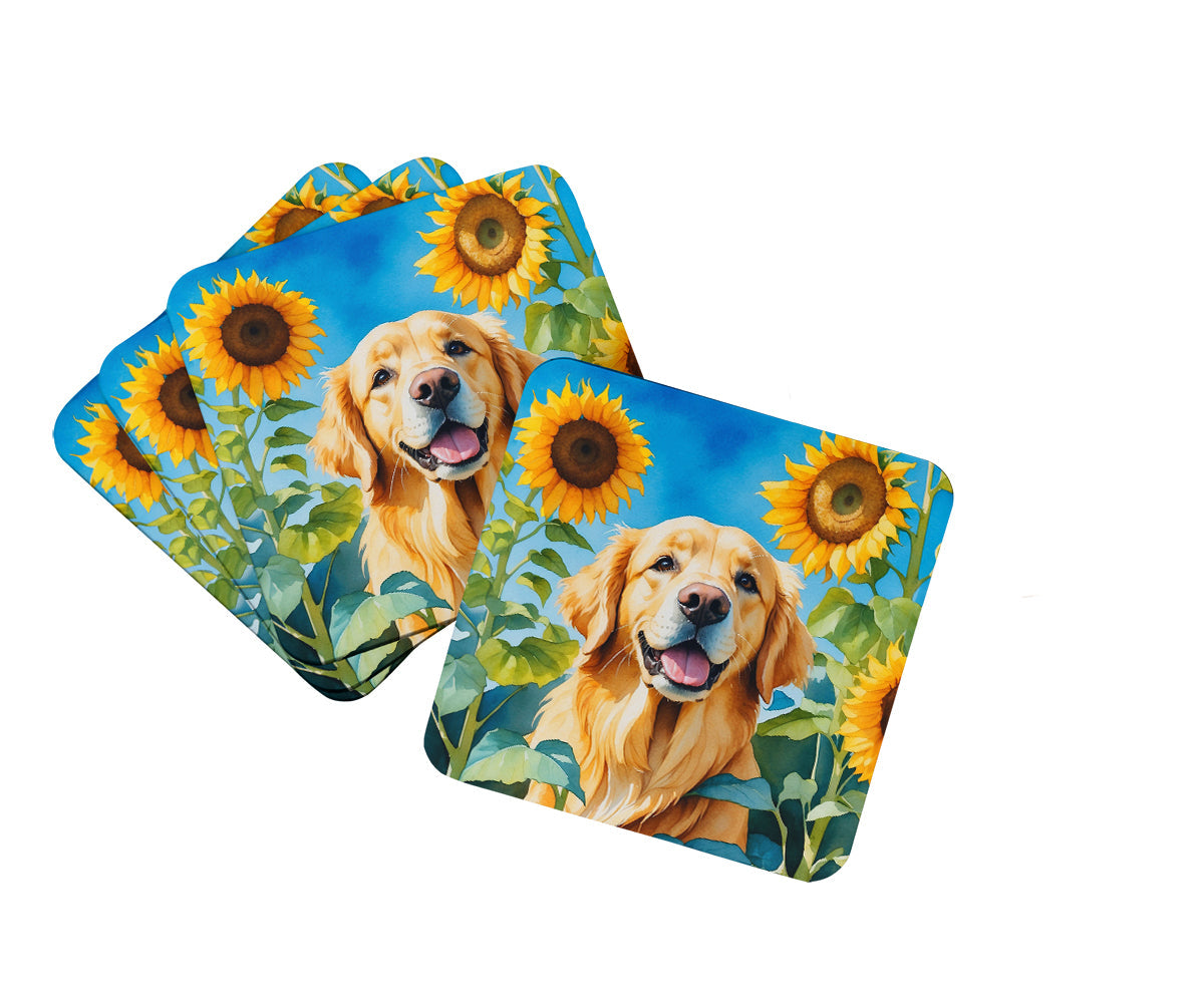 Golden Retriever in Sunflowers Foam Coasters Set of 4 Cup Coasters for Indoor Outdoor, Tabletop Protection, Anti Slip, Mouse pad Material