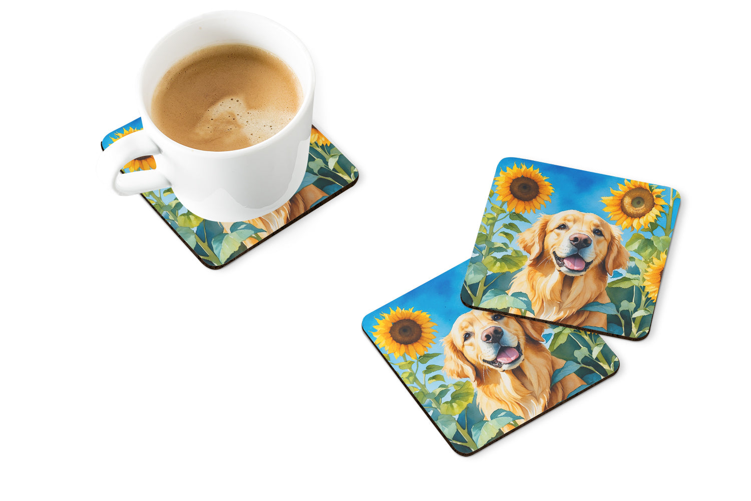 Golden Retriever in Sunflowers Foam Coasters Set of 4 Cup Coasters for Indoor Outdoor, Tabletop Protection, Anti Slip, Mouse pad Material