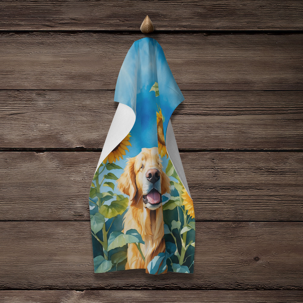 Golden Retriever in Sunflowers Kitchen Towel Velour Plush Front and Cotton Loop Back Machine Washable
