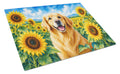 Golden Retriever in Sunflowers Cutting Board Tempered Glass Kitchen Cutting Surface, Heat Resistant Chopping Board with Non-Slip Feet, Decorative Food Prep & Serving